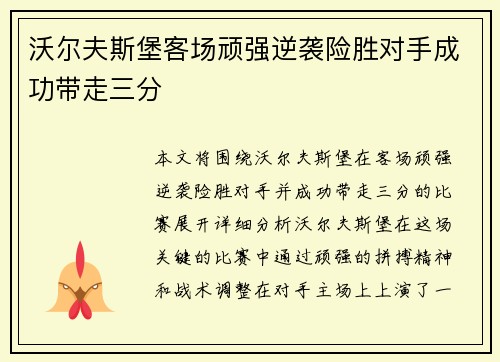 沃尔夫斯堡客场顽强逆袭险胜对手成功带走三分