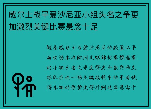 威尔士战平爱沙尼亚小组头名之争更加激烈关键比赛悬念十足