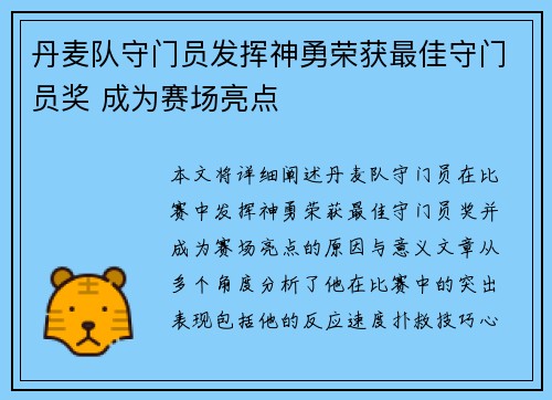 丹麦队守门员发挥神勇荣获最佳守门员奖 成为赛场亮点