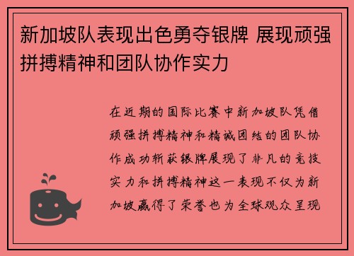 新加坡队表现出色勇夺银牌 展现顽强拼搏精神和团队协作实力