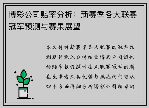 博彩公司赔率分析：新赛季各大联赛冠军预测与赛果展望