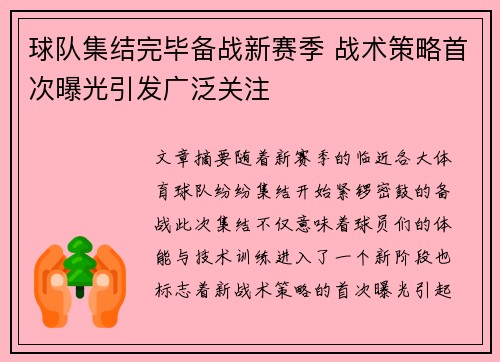 球队集结完毕备战新赛季 战术策略首次曝光引发广泛关注