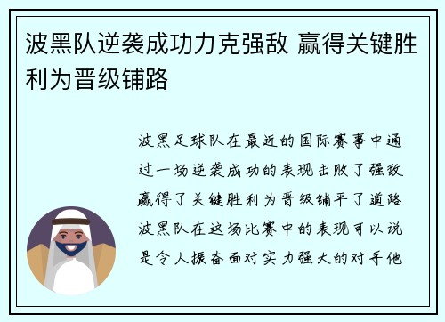 波黑队逆袭成功力克强敌 赢得关键胜利为晋级铺路