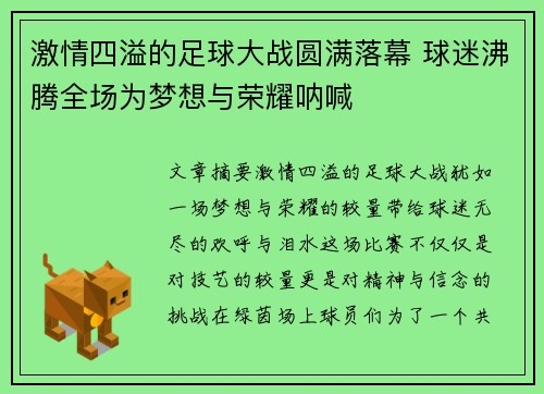 激情四溢的足球大战圆满落幕 球迷沸腾全场为梦想与荣耀呐喊