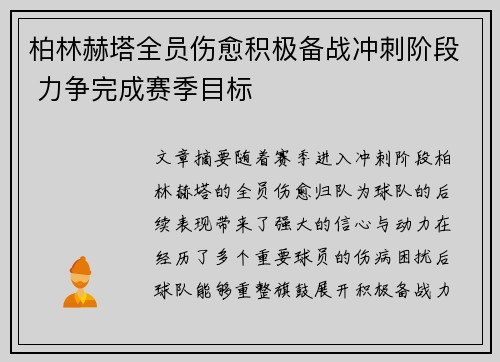 柏林赫塔全员伤愈积极备战冲刺阶段 力争完成赛季目标
