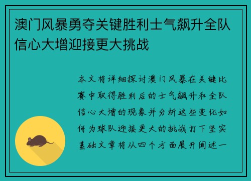 澳门风暴勇夺关键胜利士气飙升全队信心大增迎接更大挑战