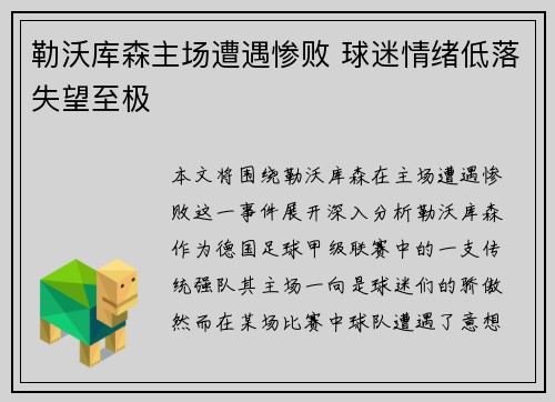 勒沃库森主场遭遇惨败 球迷情绪低落失望至极