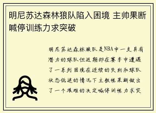 明尼苏达森林狼队陷入困境 主帅果断喊停训练力求突破