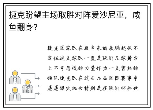 捷克盼望主场取胜对阵爱沙尼亚，咸鱼翻身？