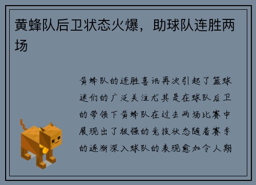 黄蜂队后卫状态火爆，助球队连胜两场