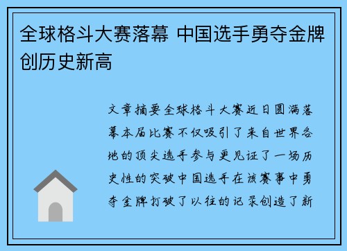 全球格斗大赛落幕 中国选手勇夺金牌创历史新高